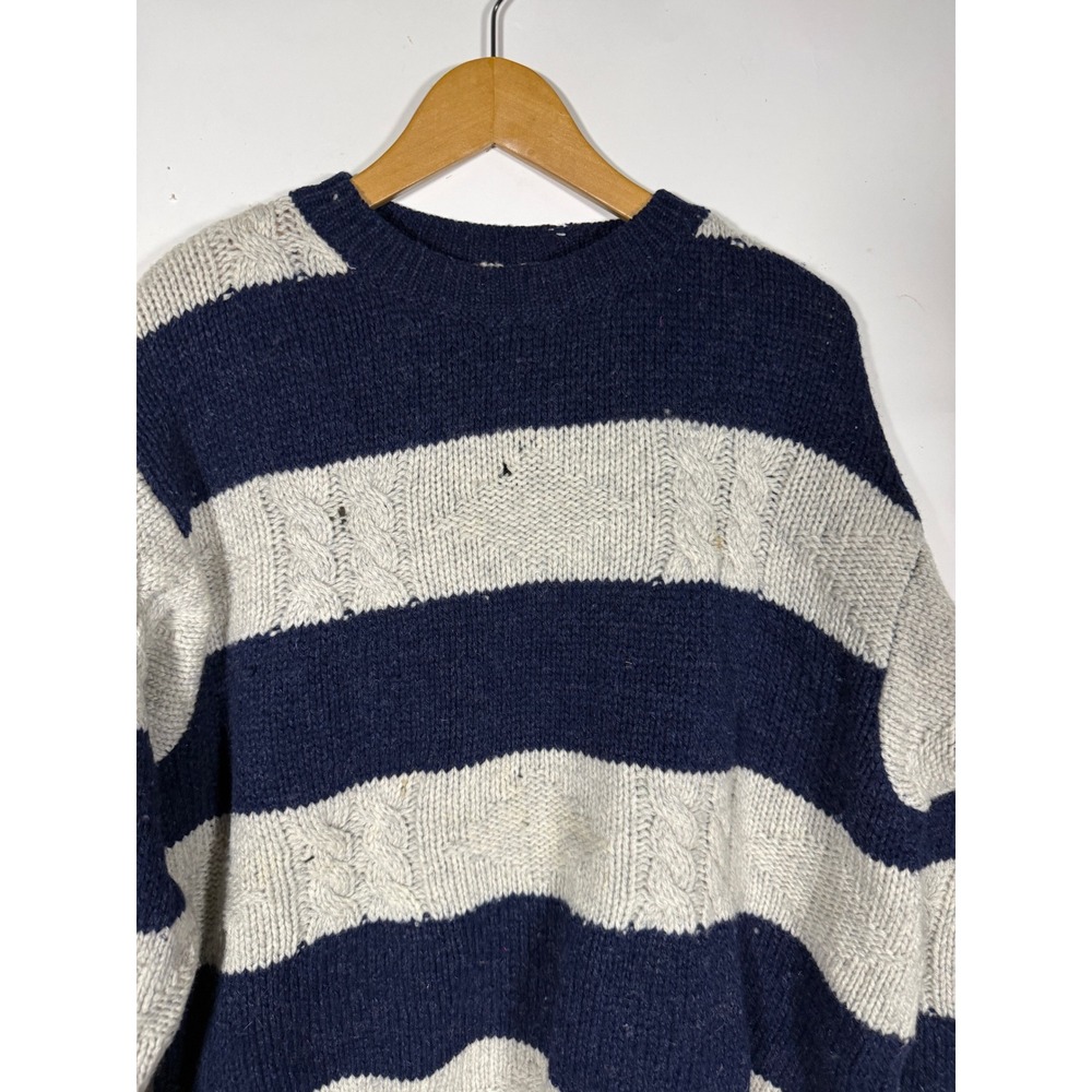 United Colors of Benetton Mens Shetland Wool Cable Knit Striped Sweater Blue